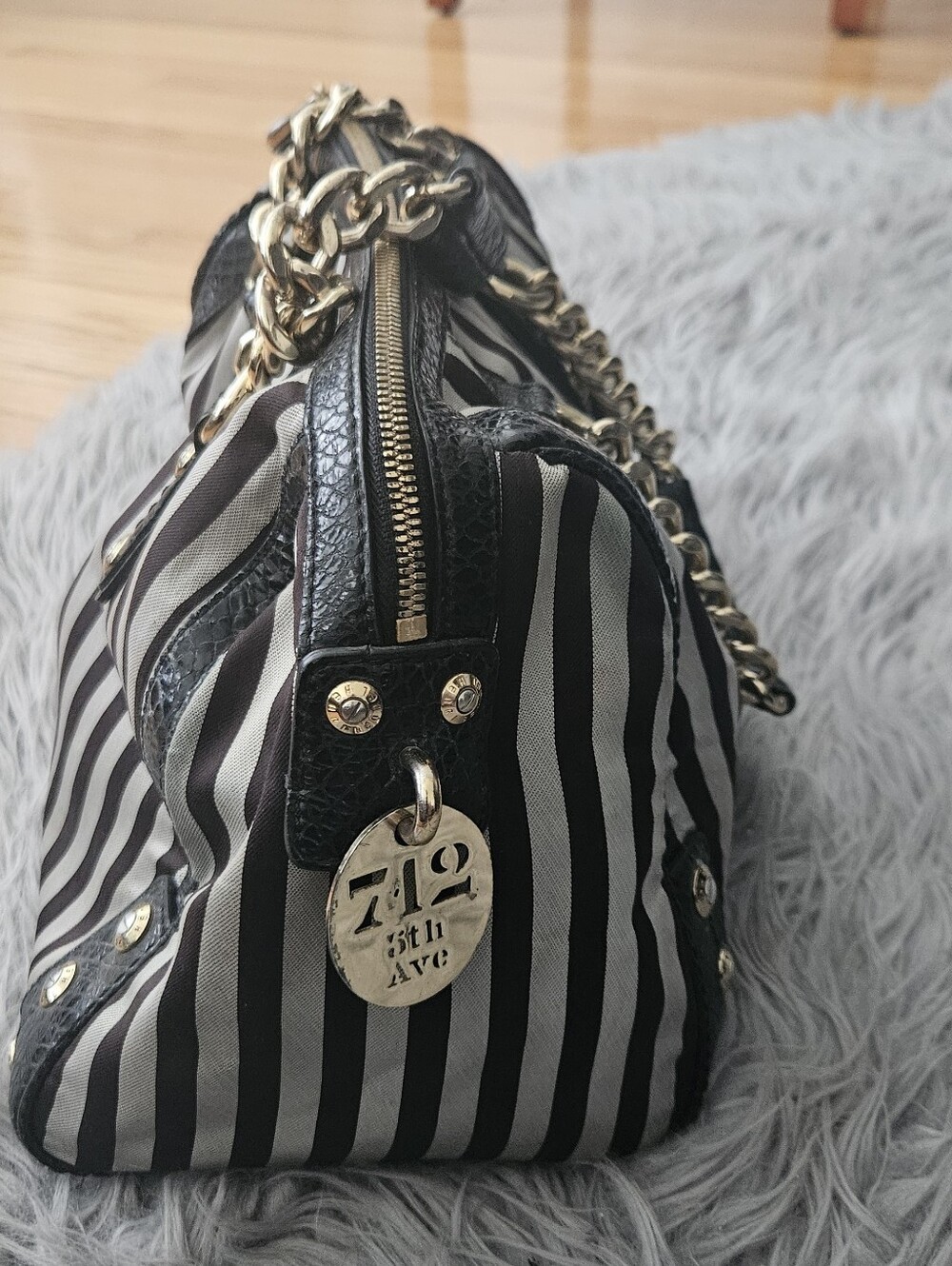 henri bendel White Leather Wristlet with Striped Bow and Gold Hardware